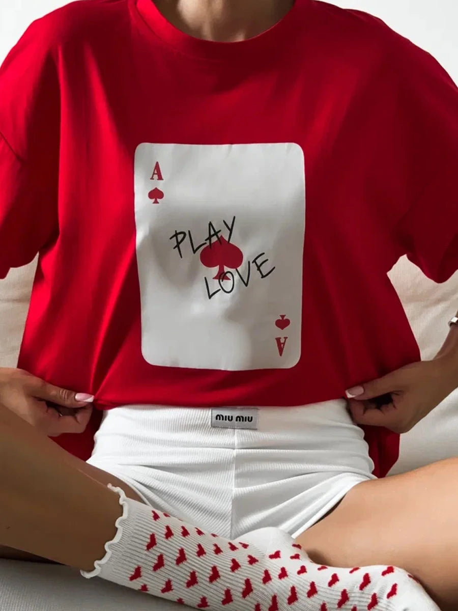 Bornladies Womens Cotton Poker Card T-Shirt - Casual O-Neck Short Sleeve Top
