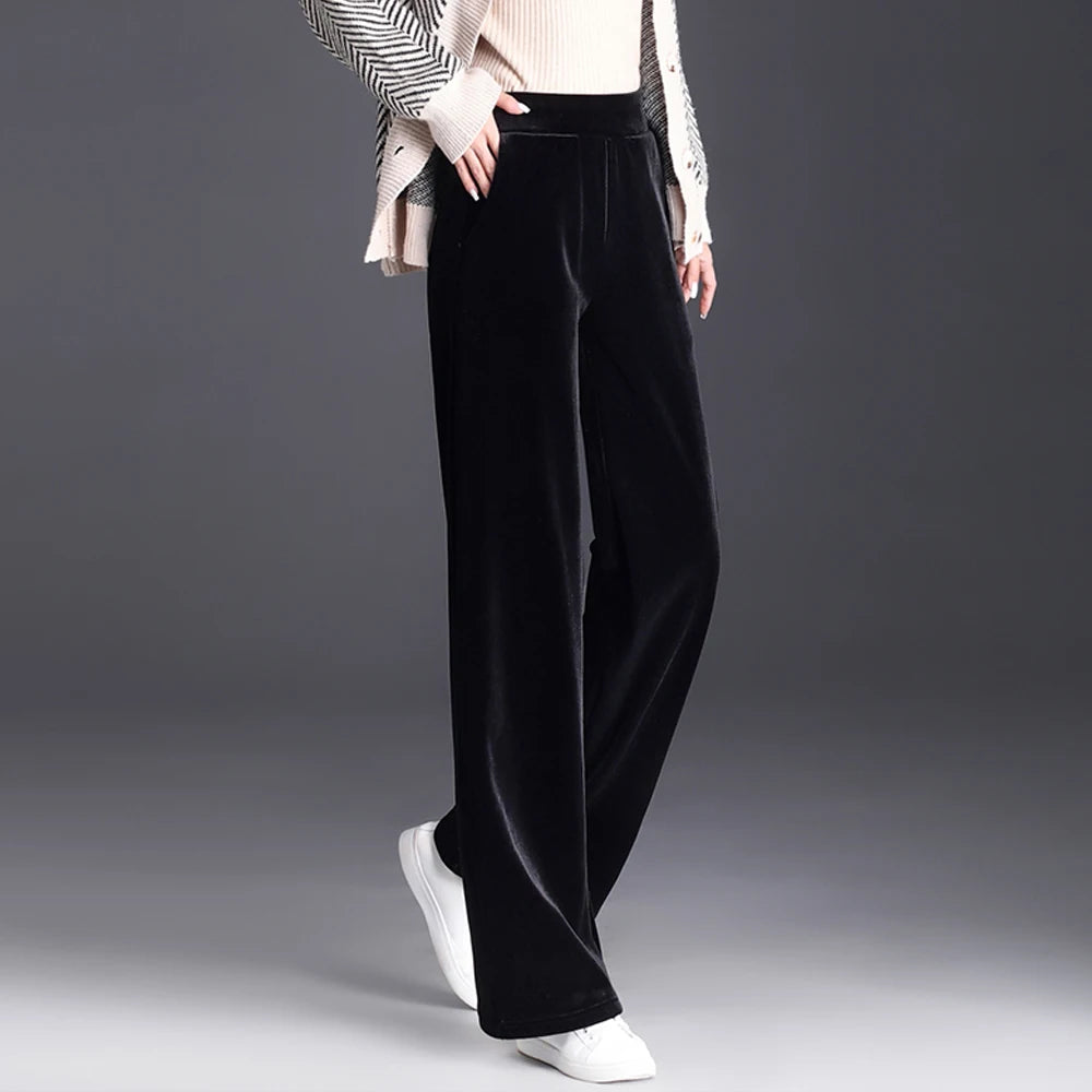 Korean style blue velvet wide leg pants for women in spring and autumn, high-end fashion, loose fit, plus size casual pants