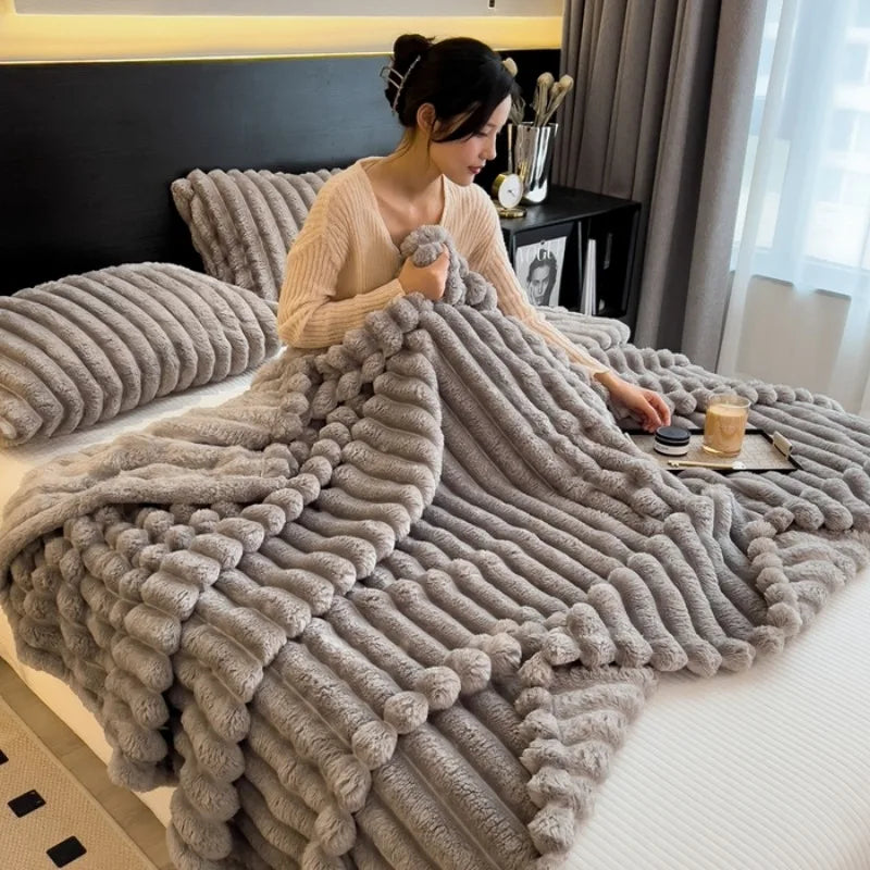 Artificial Rabbit Plush Blanket - Soft Coral Fleece Throw for Bed Sofa - ZOOMNSTORE