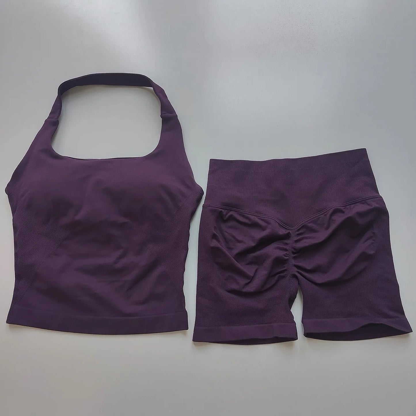 2PCs Peach High Waist Belly Hip Lifting Sports Bras Shorts Suit Gathering Shock-proof Neck Halter Yoga Suit Running Fitness Set