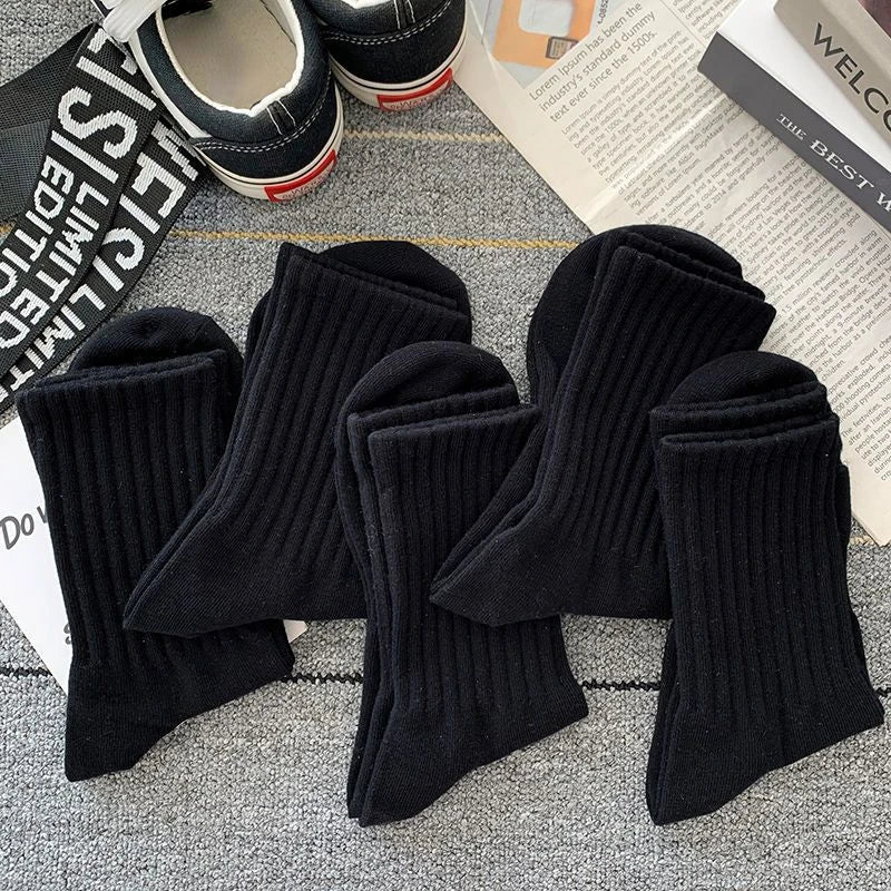 Men Warm Socks - Thick Knit Polyester Crew Sport Short Socks Set 5 Pairs Black White