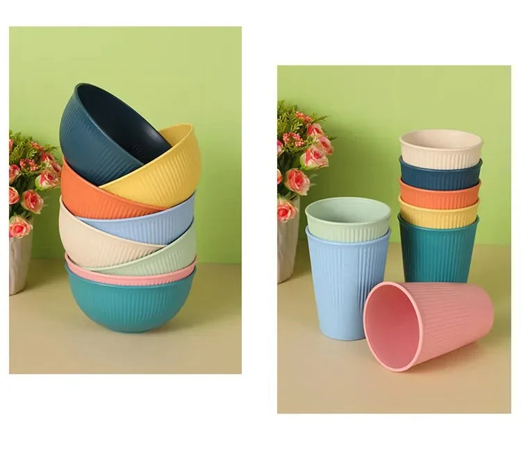 Eco-Friendly Wheat Straw Dinnerware Set - 4pcs Plates Cups Bowls for Home Outdoor Use