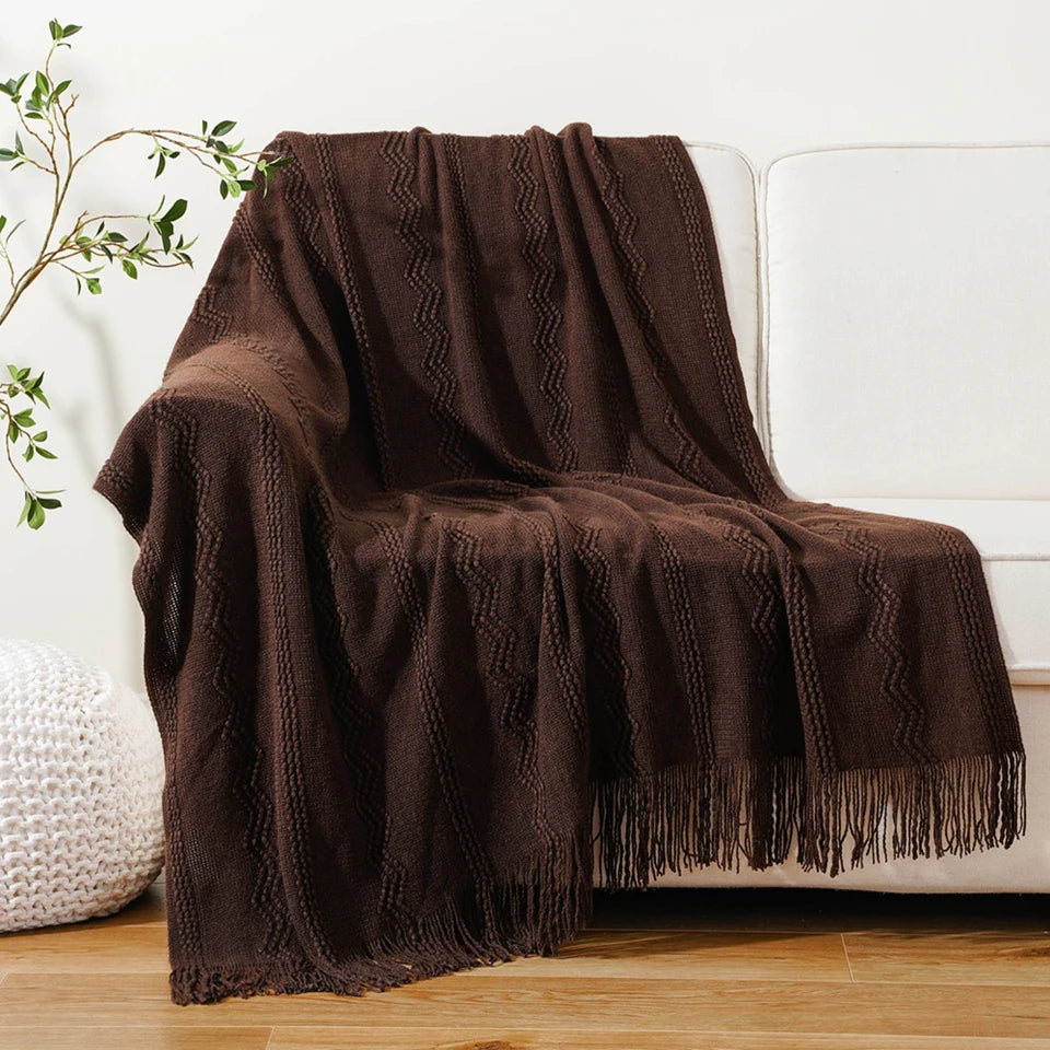 Caramel Knit Throw Blanket - Lightweight Plaid Blanket for Couch and Bed