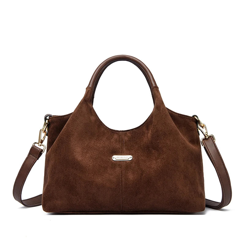 Faux Suede Handbags - Soft Casual Messenger Bag with Zipper Closure for Women
