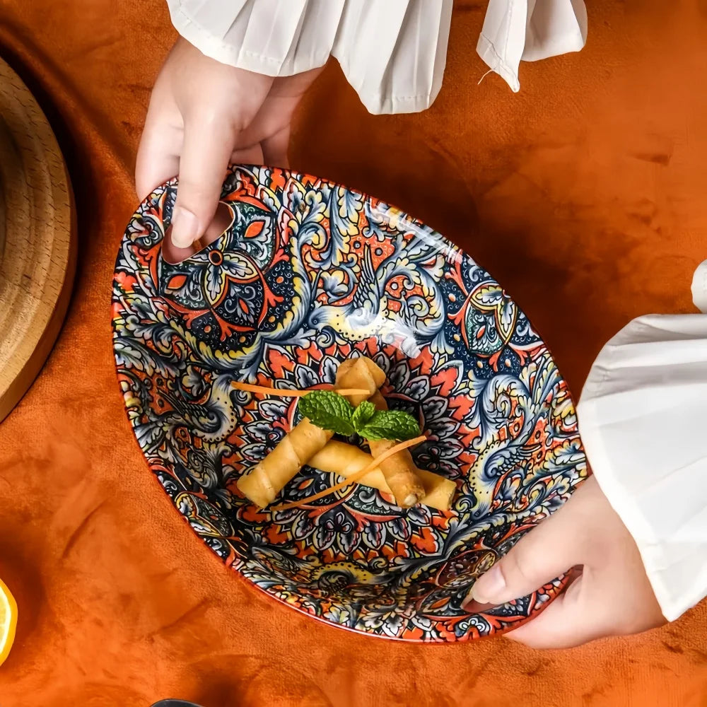 Bohemian Ceramic Salad Bowl Set - Microwave Safe Stackable Oval Plates with Handle 2PCS