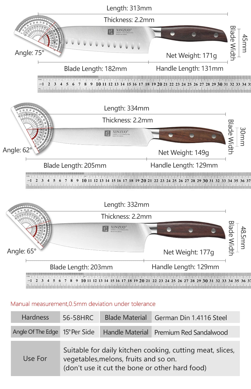 XINZUO High Quality Paring Utility Cleaver Knife Set - 35 5 8 Germany 14116 Stainless Steel
