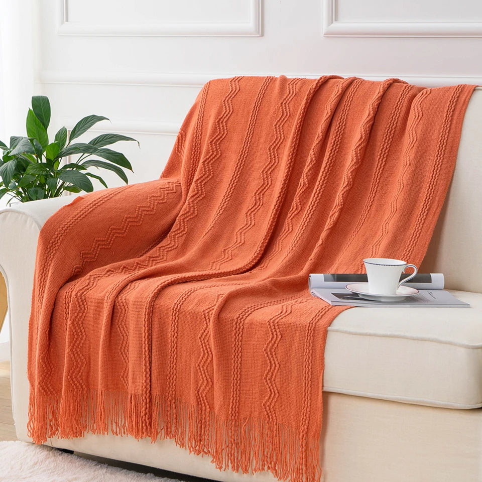Caramel Knit Throw Blanket - Lightweight Plaid Blanket for Couch and Bed