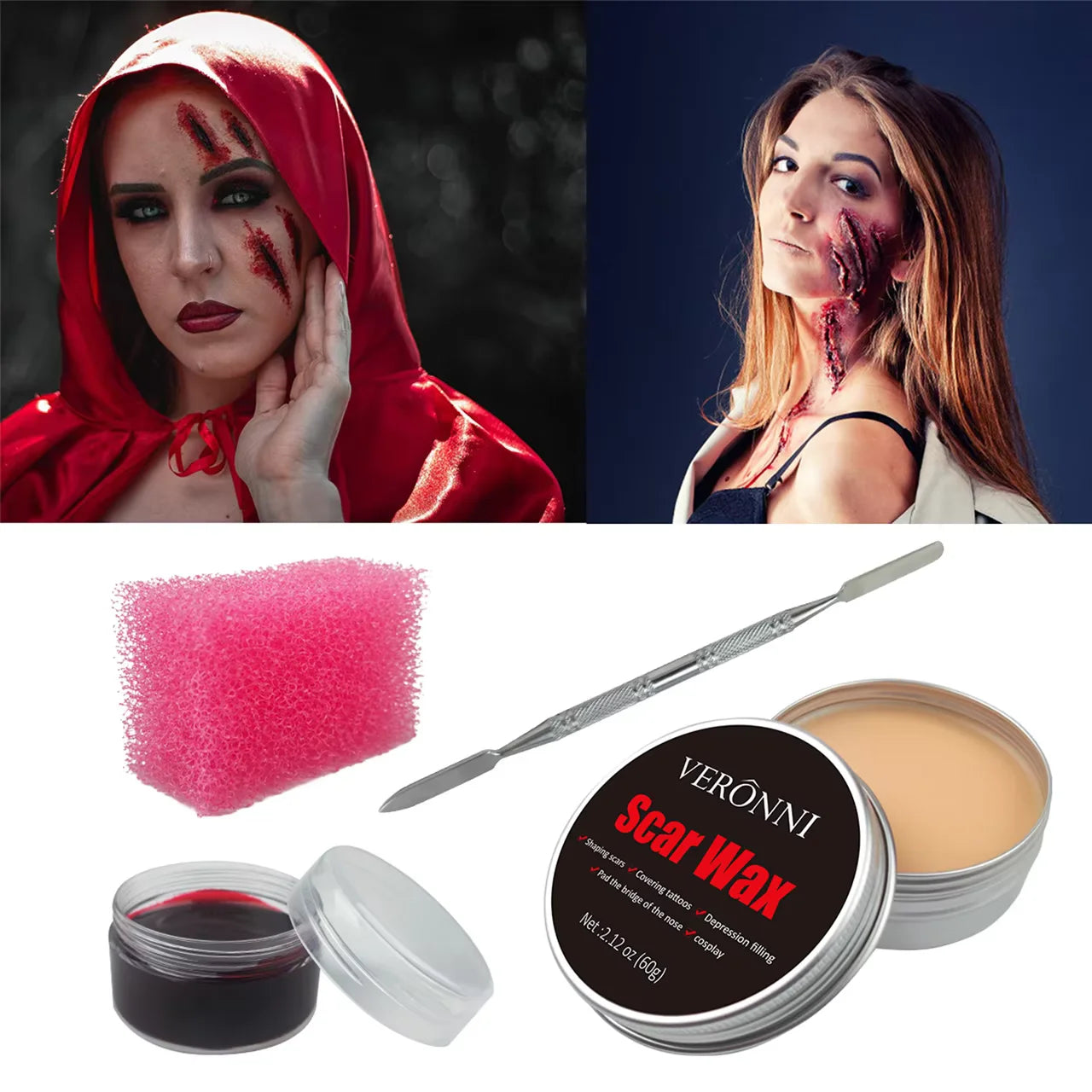 SFX Makeup Kit Scars Wax Halloween Special Effects Stage Fake Wound Skin Wax with Spatula Stipple Sponge Fake Wood Special - ZOOMNSTORE