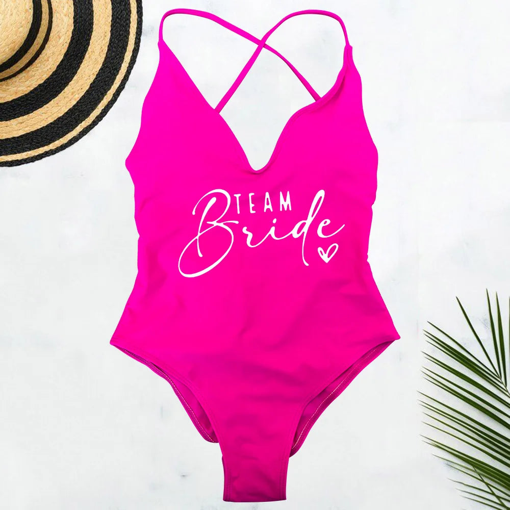 Pink Gold Print One Piece Swimsuit Team Bride Love Sexy Bathing Suit Padded Swimwear Women Bikini Bachelor Party Swim Beachwear