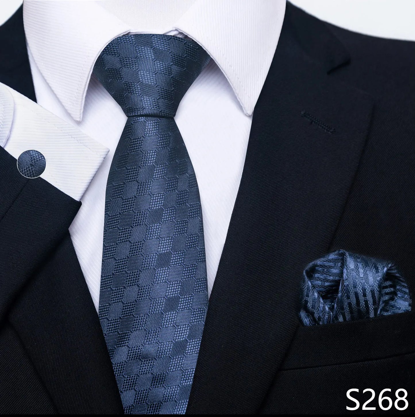 Mens Blue Gold Tie Pocket Square Set - Wedding Party Accessories