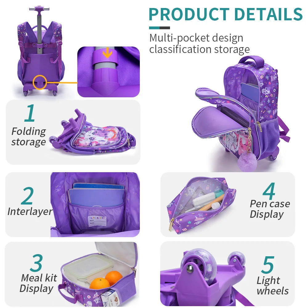 Rolling Backpack Set for Girls - Cute Cartoon Cat Wheeled Bookbag with Lunch Box Pen Bag - ZOOMNSTORE