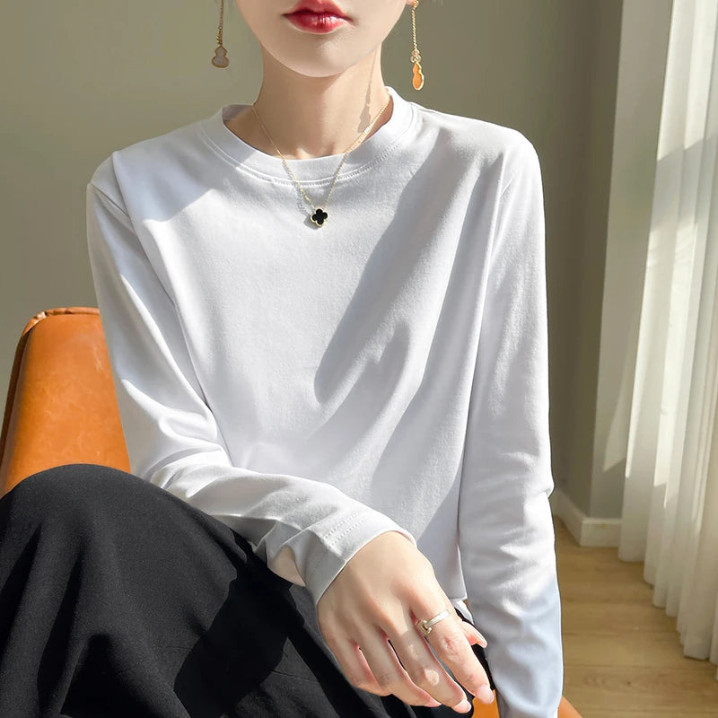100 Cotton Womens Long-Sleeved Round Neck T-Shirt - Loose Bottoming Top for Spring Autumn
