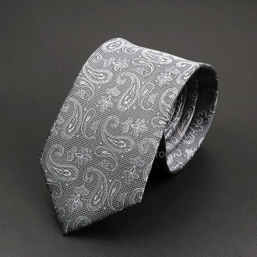 Mens Paisley Necktie - Grey Brown Green Wedding Business Tie
