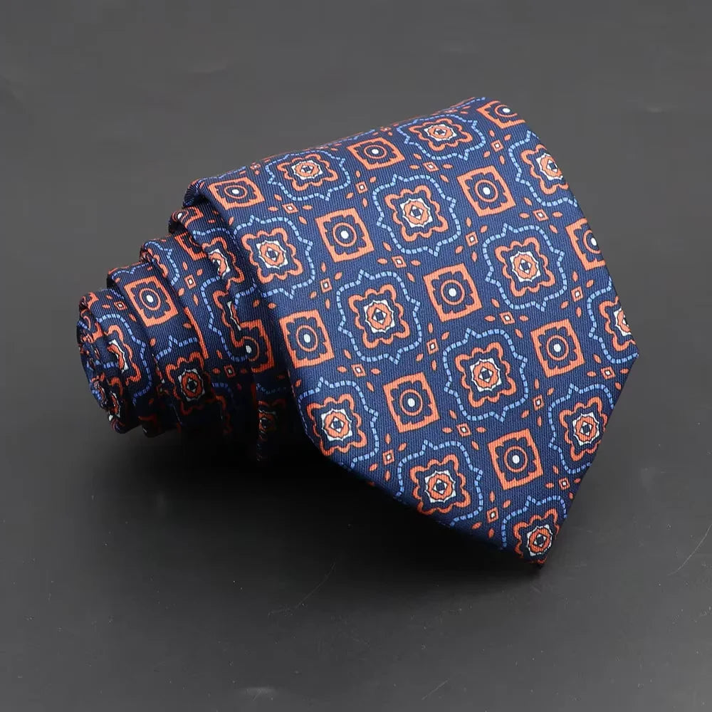 Mens Silk Tie - 75cm Soft Novelty Necktie in Blue Green Orange Floral Pattern