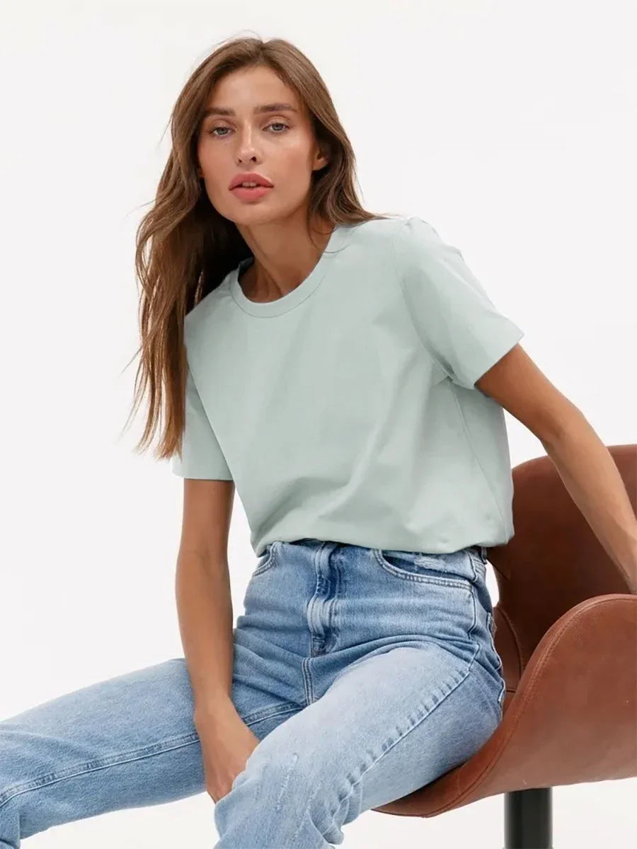 Cotton Womens T-Shirt - Summer Short Sleeve Loose Basic Top