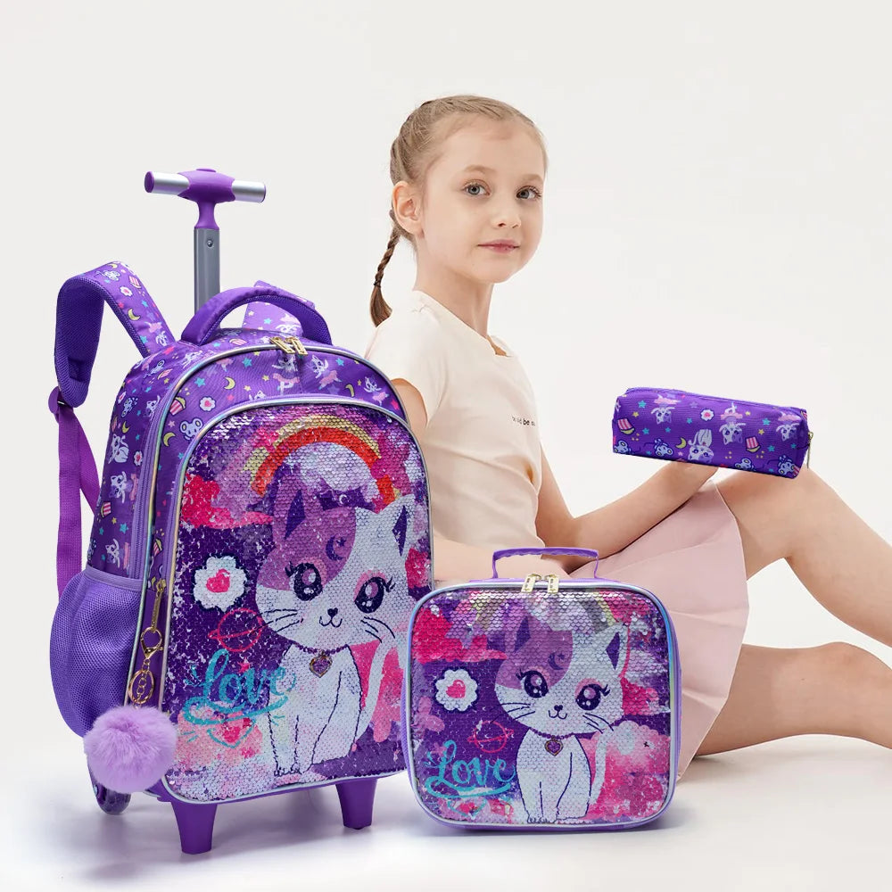 Rolling Backpack Set for Girls - Cute Cartoon Cat Wheeled Bookbag with Lunch Box Pen Bag - ZOOMNSTORE