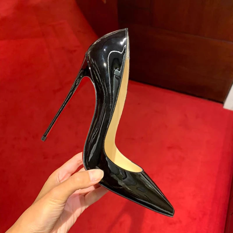 New Shallow Classic Patent Leather 12cm Fashionable and Versatile Work High Heels Nude 10cm Thin Heel Plus Size 33-46