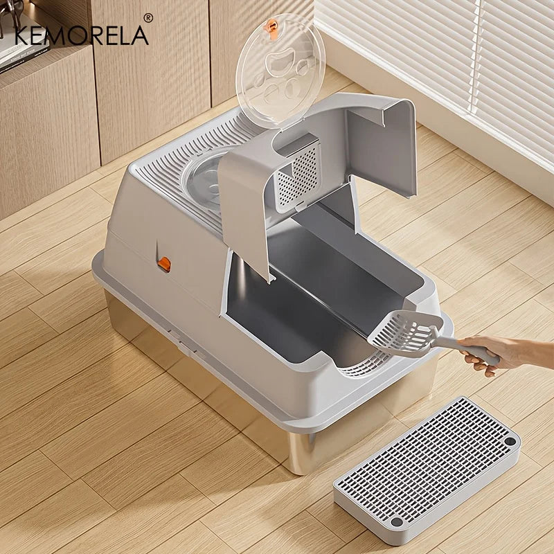 XL Stainless Steel Cat Litter Box - Enclosed High-Sided Removable Scoop for Big Cats - ZOOMNSTORE