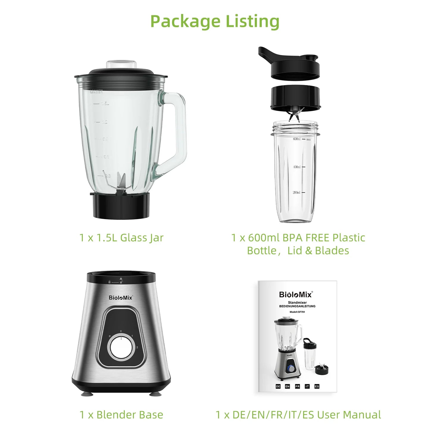 BioloMix 1300W Smoothie Blender - 15L Glass Jar for Frozen Drinks Sauces