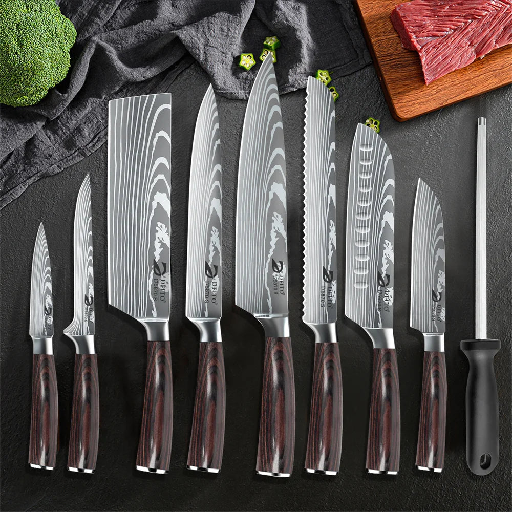 Damascus Steel Kitchen Knife Set - 8-Piece Chef Utility Paring Boning Cleaver Santoku with Nylon Bag