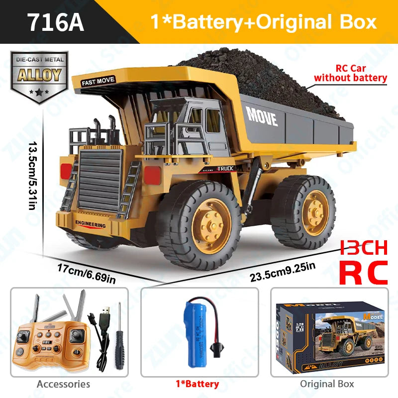 Remote Control Excavator - 1/16 Scale Alloy Dump Truck with LED Lights & Music