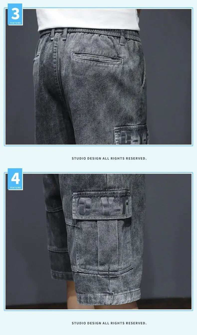 Denim Knee Length Shorts - Casual Loose Fit Multi Pocket Boyfriend Style Jeans