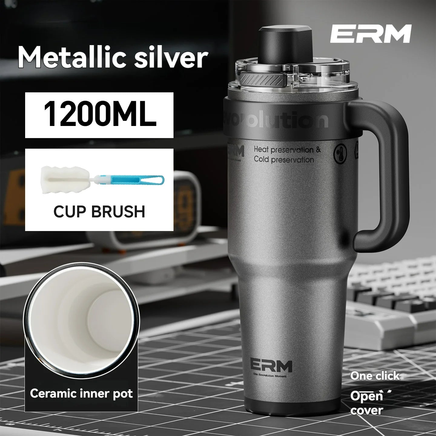 1200ML Extra Large Tumbler Ceramic Drinkware Stainless Steel Water Bottle Insulated Vacuum Flask Straw & Handle Leakproof Mug