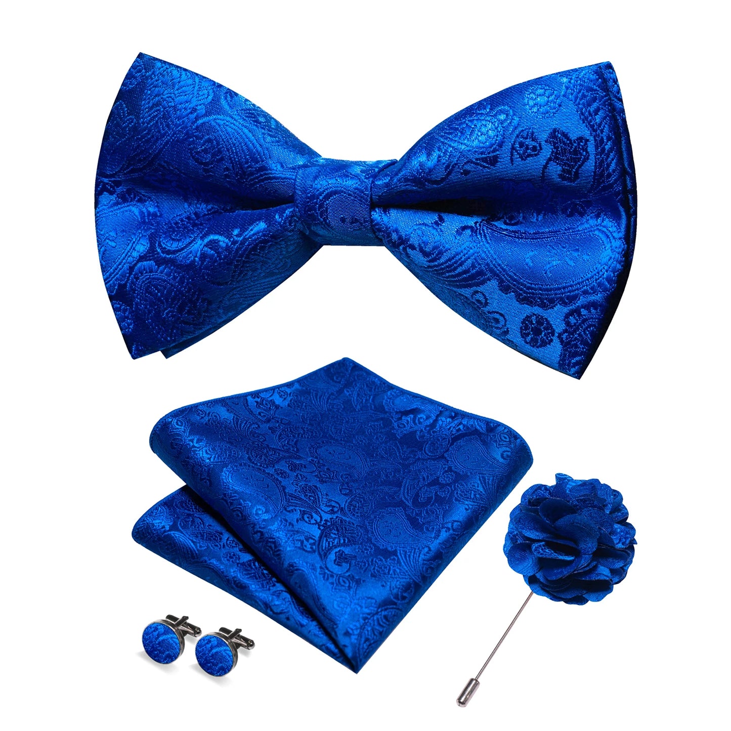 Mens Silk Bow Tie - Pre Tied Paisley Bow Tie Set With Brooch, Hanky & Cufflinks