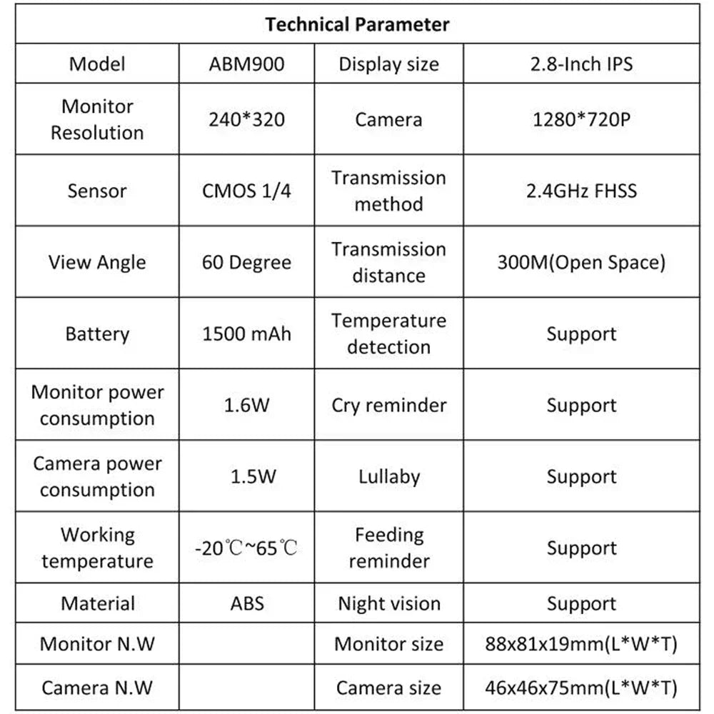 Cdycam ABM900 2.8 Inch Baby Monitor Surveillance Video Baby Camera Security Protection Two Way Audio Night Vision Cam Babysitte