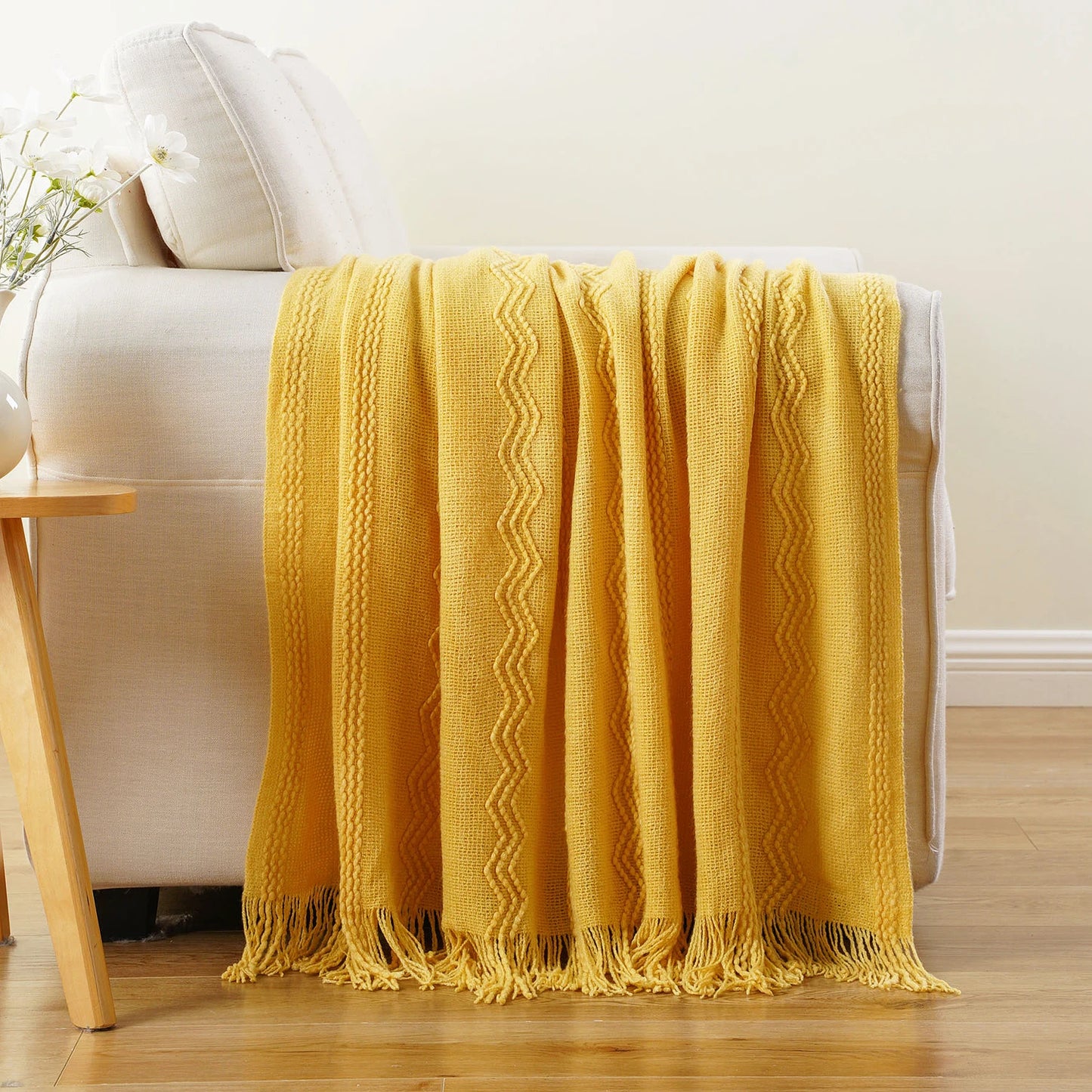 Caramel Knit Throw Blanket - Lightweight Plaid Blanket for Couch and Bed