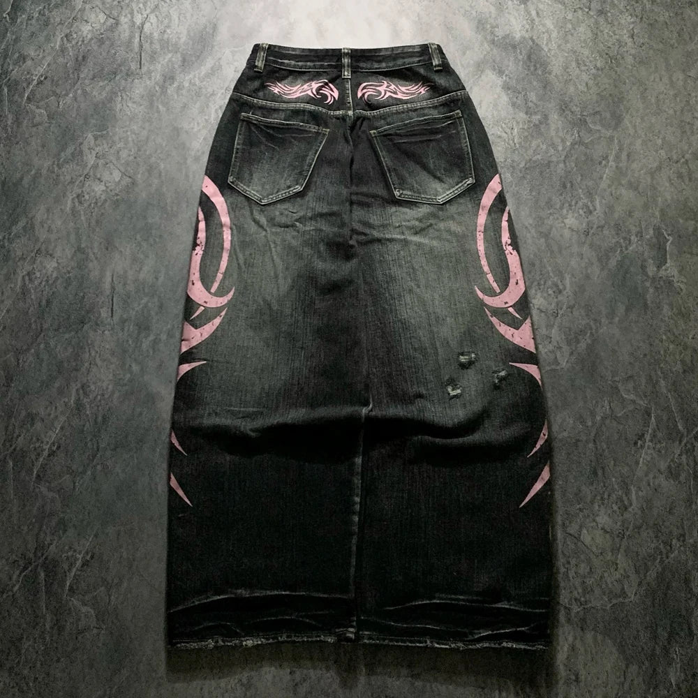 Men's Mottled Totem Print Jeans American Style Old Washed Wide Leg Retro Loose Fashion Trend Wide Leg Jeans Goth Pant Y2K Unisex
