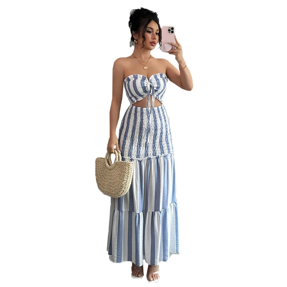 Fashionable Striped Off-Shoulder Dress Women's Front-Braided Gathered Skirt Elegant Gown for Ladies