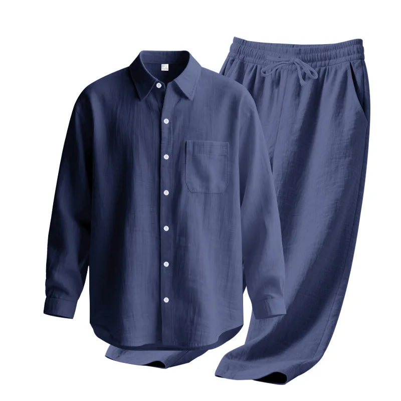 Men's Autumn Loose Trend Linen Solid Color Simple Lapel Long-Sleeved Shirt Beach Trousers Set