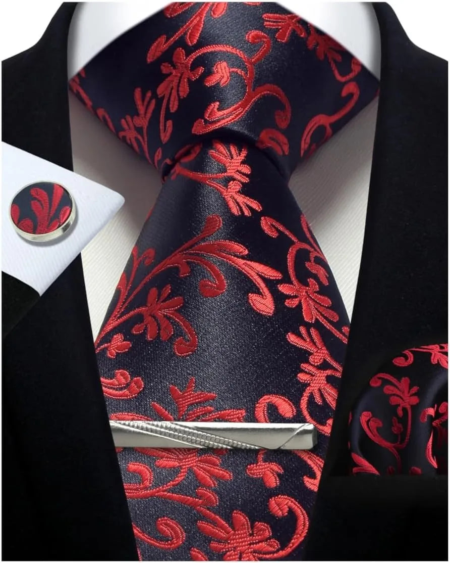 Mens Silk Tie Set - Silver Paisley Necktie with Pocket Square Cufflinks for Formal Events