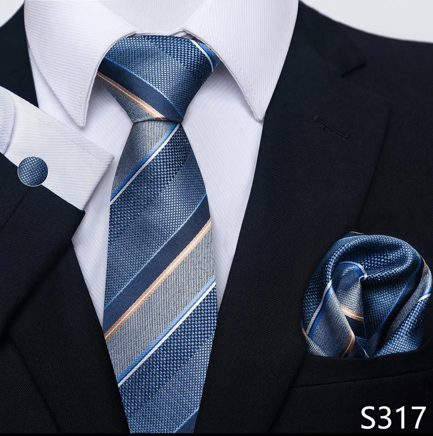 Mens Blue Gold Tie Pocket Square Set - Wedding Party Accessories