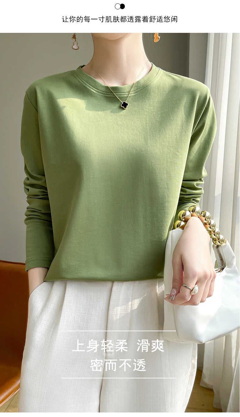 100 Cotton Womens Long-Sleeved Round Neck T-Shirt - Loose Bottoming Top for Spring Autumn