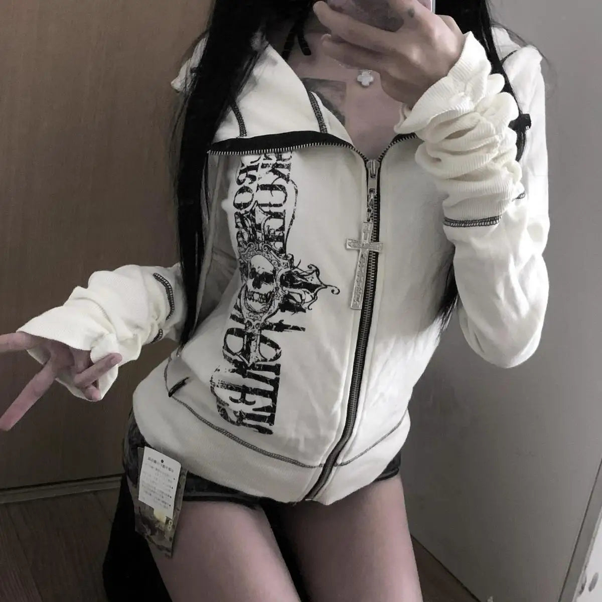 Harajuku Y2k Gothic Hooded Coat Women 2025 Autumn New Casual All-match Jackets Subcultural Japanese Black Tops Mujer Sweatshirt