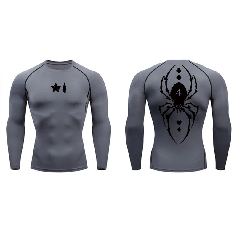 Compression Shirt Men - Spider Print Long Sleeve Gym Tee with Muscle Support