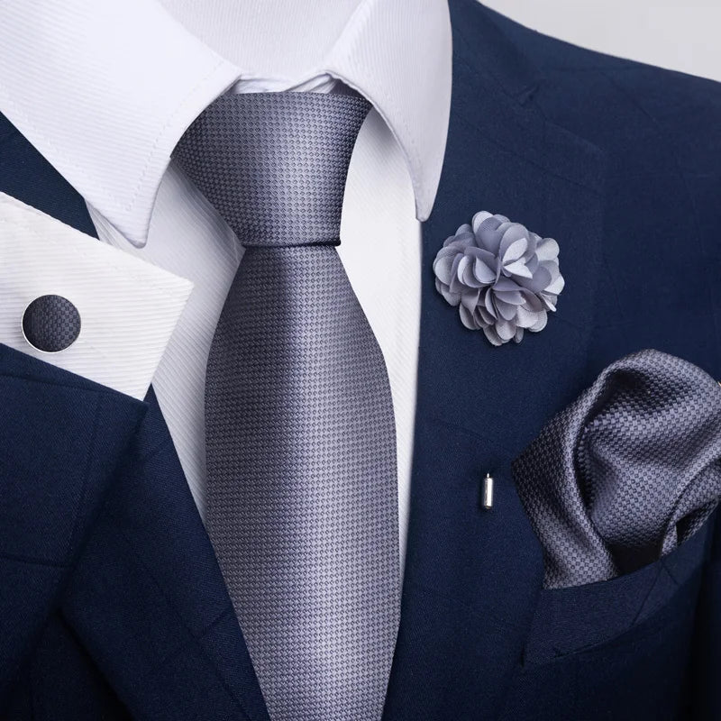 Luxury Mens Floral Black Gold Tie Set - Paisley Necktie Pocket Square Cufflinks Brooch for Weddings and Parties