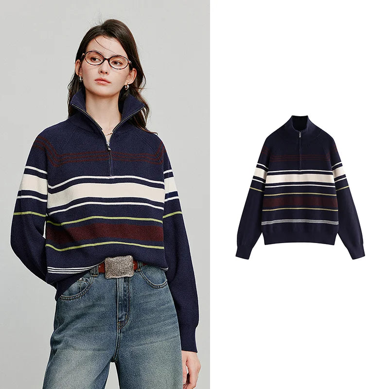 TOYOUTH Women Knitted Sweater 2026 Autumn New Fashionable Style Striped Zipper High Collar Woolen Pullover Sweater Tops