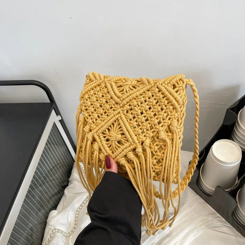 Handmade Cotton Crossbody Bag - Vintage Tassel Shoulder Messenger for Women Summer Beach Handbag 2023