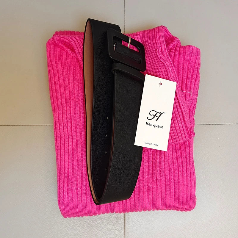 Knitted Turtleneck Bodycon Dress - Soft Elastic Midi Party Dress with Belt for Women