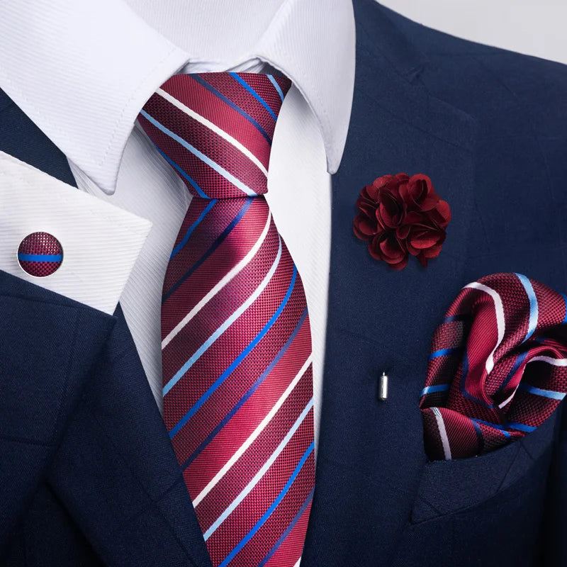 Luxury Mens Floral Black Gold Tie Set - Paisley Necktie Pocket Square Cufflinks Brooch for Weddings and Parties