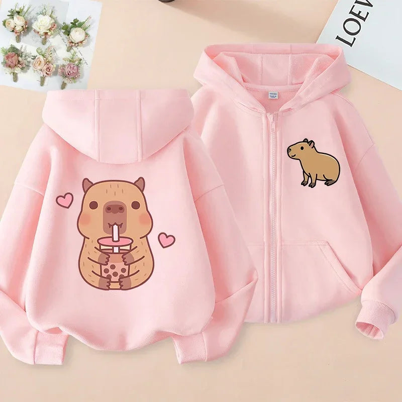 Kawaii Capybara Zip Up Hoodie - Childrens Manga Sweatshirt for Kids - ZOOMNSTORE