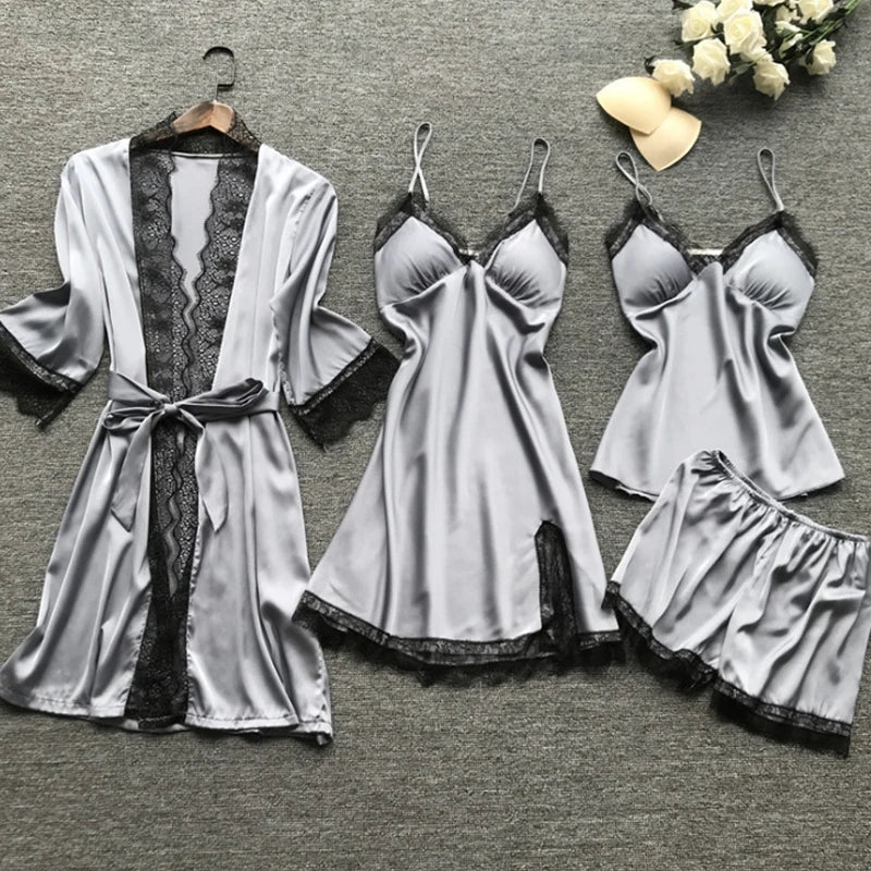 Sexy Lace Pajamas Set - V-Neck Nightdress with Chest Pads for Women - ZOOMNSTORE