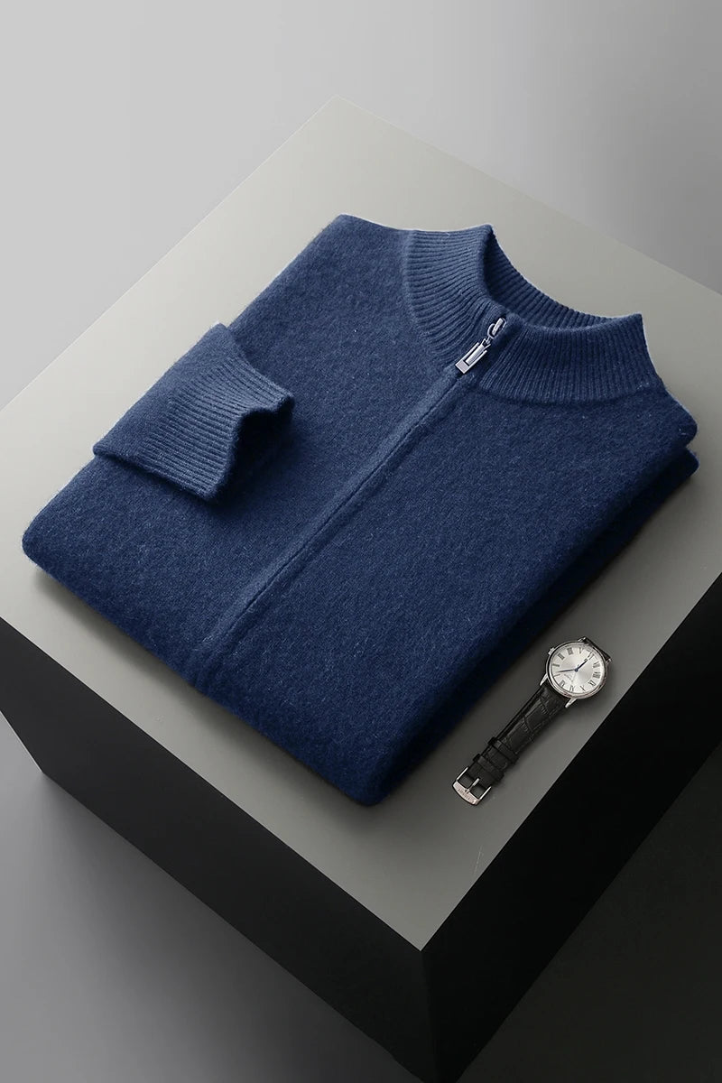 100% Merino Wool Men's Warm Sweater Mock Collar Thickened Zippered Cardigan Autumn Winter New Cashmere Knitted Long Sleeve Tops