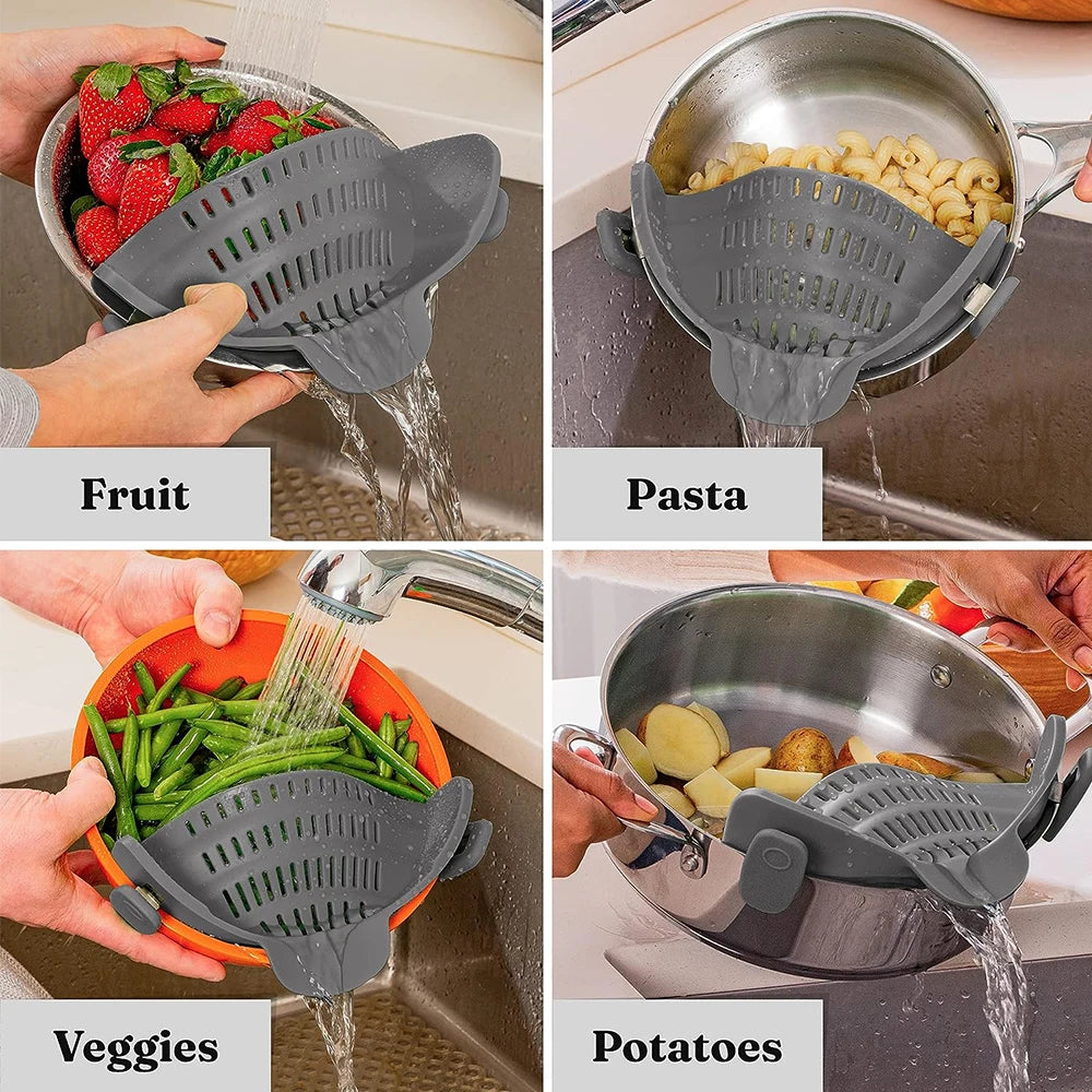 Silicone Clip-On Kitchen Strainer - Pasta Noodle Vegetable Colander Gadget