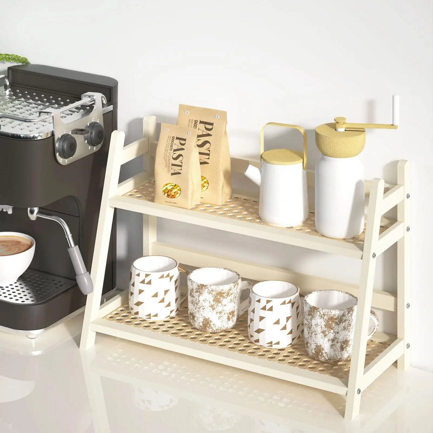 Coffee Station Organizer - 2 Tier Wicker Look Bamboo Mug Holder Shelf