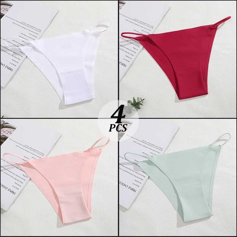 4PCS/Set Seamless Thin Strap Thong Underwear Women Low Rise Briefs Ice Silk Comfortable Panties Multi Color No Trace Lingerie