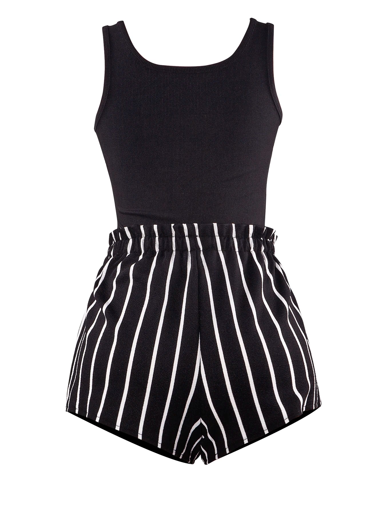 Women's Ribbed Crop Sleeveless Tank Top & Striped Print Belted Bag Waist Shorts SetFitted Comfort Scoop Neck Crop Tank & Shorts